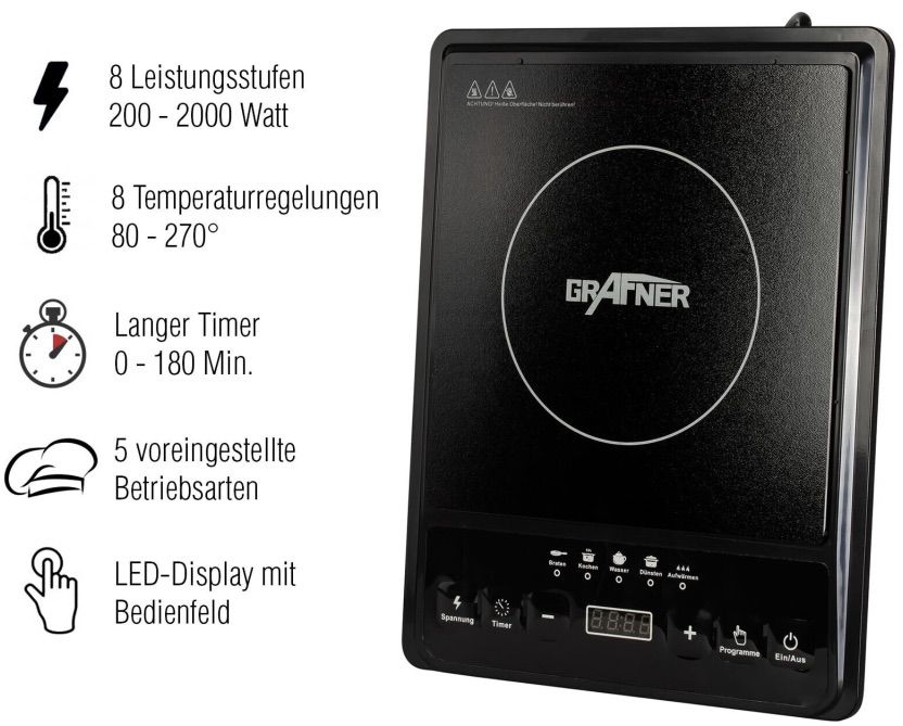 Grafner Induktions Kochplatte mit 2000W & LED Display für 29,90€ (statt 35€)