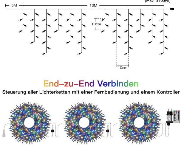 10m Eisregen Lichterkette mit 396 LEDs mit 8 Modi im Bunt, Warm  oder Kaltweiß ab 8,99€   Prime