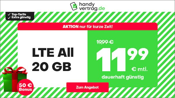 o2 Allnet Flat mit 20GB LTE für 11,99€ mtl. + 50€ Bonus