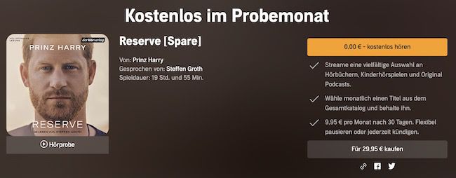 audible Neukunden: Prinz Harry Reserve Enthüllungsroman als Hörbuch GRATIS (statt 25€)