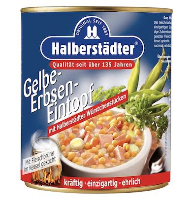 800g Halberstädter Gelbe Erbsen Eintopf mit Würstchenstücken für 2,12€   Prime