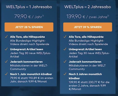 1 Jahr WELTplus inkl. Bundesliga Highlights für 79,90€ (statt 111€) oder 2 Jahre 139,90€ (statt 231€)