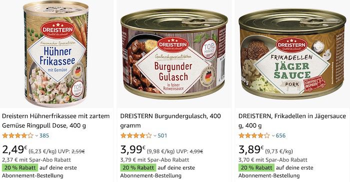 20% Extra Rabatt auf Dreistern Lebensmittel   z.B. 400g Currywurst mit Kartoffeln ab 1,87€