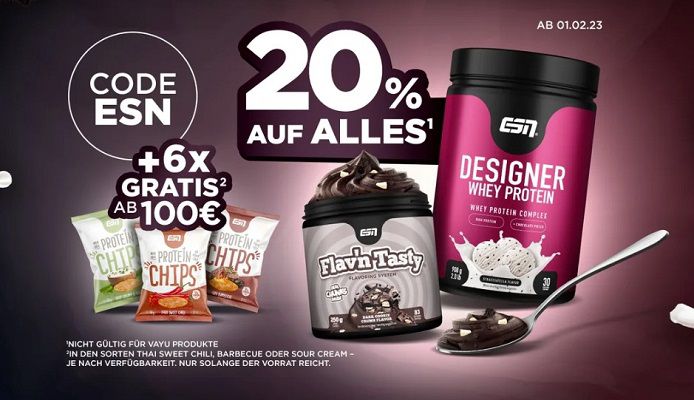 ESN Fitness Supplements: 20% auf fast ALLES   z.B. ESN ISOCLEAR Whey Isolate für 35€ (statt 45€)
