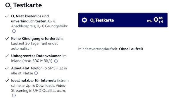 GRATIS! o2 Testkarte mit unlimited 5G/LTE Datenvolumen inkl. Allnet Flat (30 Tage)