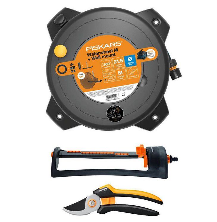 Fiskars M Schlauchtrommel 20m + Sprenger + Gartenschere für 59,99€ (statt 92€)