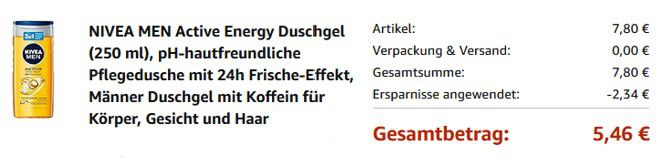 4 x Nivea Men Active Energy Duschgel (je 250ml) für 5,46€ (statt 11€)