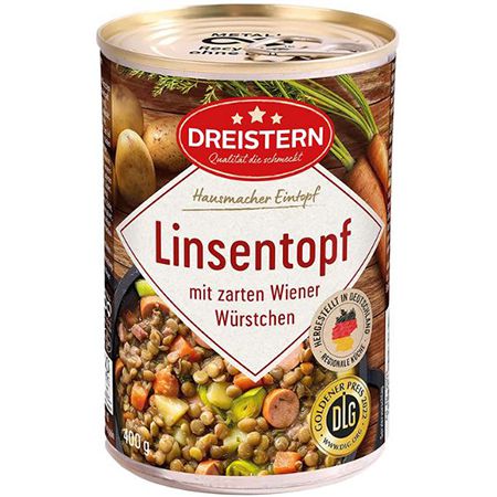 Dreistern Linseneintopf mit Wiener Würstchen ab 1,52€ (statt 2€)   Prime Sparabo