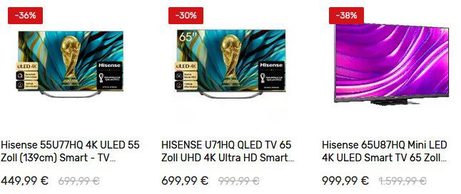 Hisense TVs als B Ware z.B. Hisense 65U87HQ (120 Hz, HDMI 2.1) für 1.003,89€ (statt 1.530€)