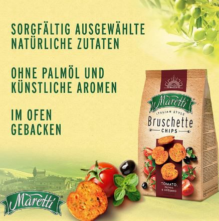 Maretti Bruschette Brotchips mit Tomate, Olive & Oregano, 150g ab 1,22€   Prime