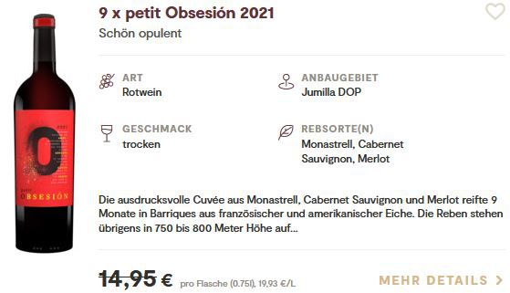 9 Flaschen petit Obsesión 2021 Rotwein für 60,89€ (statt 134€)