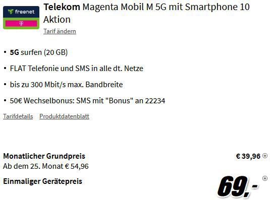 Apple iPhone 14 mit 128GB für 69€ + Telekom Allnet Flat mit 20GB 5G für 39,96€ mtl.