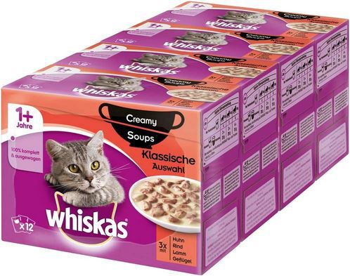 4 x 12er Pack Whiskas 1+ Creamy Soups Katzennassfutter ab 11,84€ (statt 14€)   Prime Sparabo