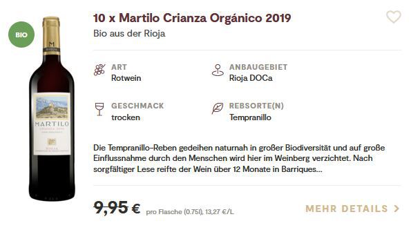 10 Flaschen Martilo Crianza Orgánico 2019 für 62,89€ (statt 99€)