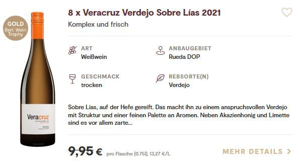 8 Flaschen Veracruz Verdejo 2021 Weißwein für 40,89€ (statt 80€)