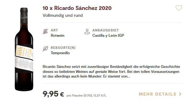 10 Flaschen Ricardo Sánchez 2020 Rotwein für 47,89€ (statt 99€)