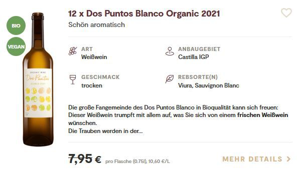 12 Flaschen Dos Puntos Blanco Organic 2021 Bio Wein für 46,89€ (statt 95€)
