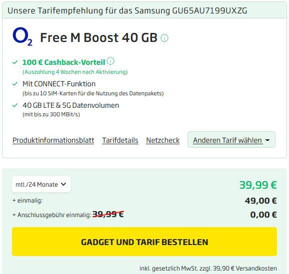 O2 Free M Boost 40GB für mtl. 39,99€ + Samsung GU65AU7199UXZG   65 Zoll UHD für 49€