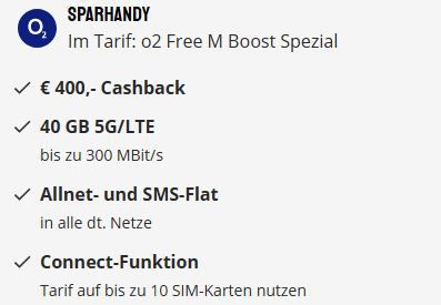 o2 Free M Boost Spezial Allnet Flat mit 40GB LTE für 29,99€ mtl. + 400€ Cashback