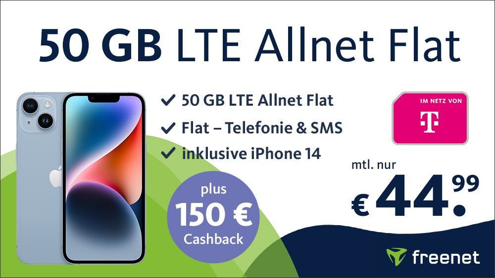 🔥 Apple iPhone 14 für 49€ + Telekom Allnet 50GB für 44,99€ mtl. + 150€ Cashback