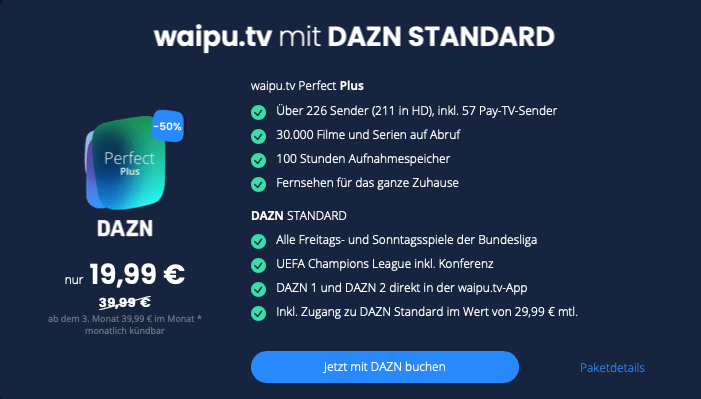 50% Rabatt: 2 Monate waipu.tv Perfect Plus + DAZN Standard für 19,99€ mtl.   Bundesliga, NBA uvm.