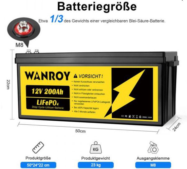 WANROY LiFePO4 12V Akku mit 200Ah für 399€ (statt 600€)