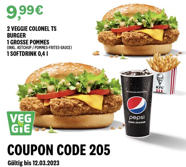 KFC: 2x Veggie oder Standard Colonel TS + gr. Pommes + Softdrink für 9,99€ (statt 16,49€)