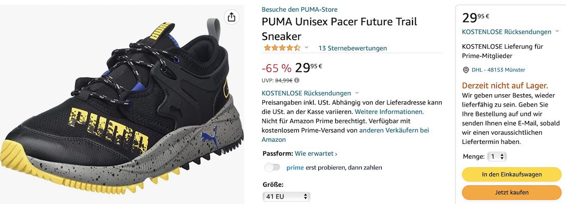 PUMA Unisex Pacer Future Trail Sneaker für 29,95€ (statt 70€)