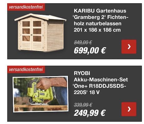 toom: bis zu 34% Rabatt auf ausgewählte Produkte   z.B. Ryobi Maschinen Set One+ für 199,99€ (statt 272€)