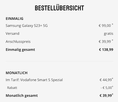 Samsung Galaxy S23+ 512 GB für 99€ + Vodafone Allnet Flat 65GB 5G/LTE für 39,99€ mtl.