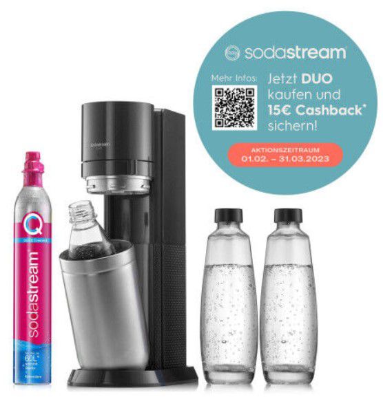Sodastream DUO Titan 2 Glasflaschen + Zylinder + PET Flache für 89€ (statt 97€) + 15€ Cashback