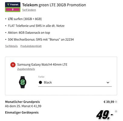 Samsung Galaxy S23 + Galaxy Watch4 LTE für 49€ + Telekom Allnet Flat 38GB LTE 39,99€ mtl.