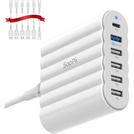 SooPii 6 Port USB C/A 68W Ladegerät + 6 Ladekabel für 21,59€ (statt 35€)