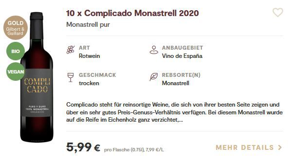 12 Flaschen Complicado Monastrell 2020 für 48,89€ (statt 63€)