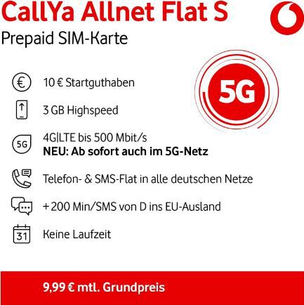 Vodafone CallYa Allnet S Prepaid mit 3GB + 10 Euro Startguthaben für 3,99€