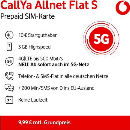 Vodafone CallYa Allnet S Prepaid mit 3GB + 10 Euro Startguthaben für 3,99€