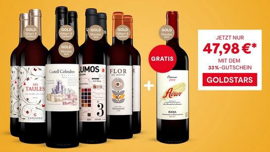 8 Flaschen Wein im Goldstars Paket + 1 Gratis für 50,96€ (statt 72€)