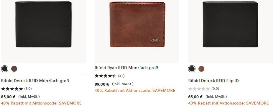 Fossil: 40% Rabatt ab 2 Artikeln bei Geldbörsen und Taschen