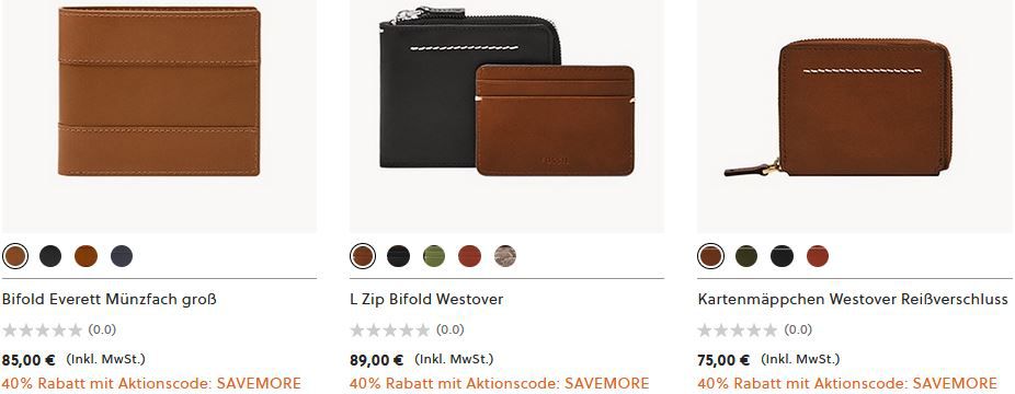 Fossil: 40% Rabatt ab 2 Artikeln bei Geldbörsen und Taschen