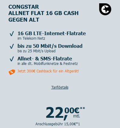 Telekom Allnet Flat mit 16GB für 22€ mtl. oder 32GB für 27€ mtl. + 300€ Cashback
