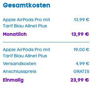 Apple AirPods Pro (2021) für 19€ + o2 Allnet mit 15GB LTE für 13,99€ mtl.