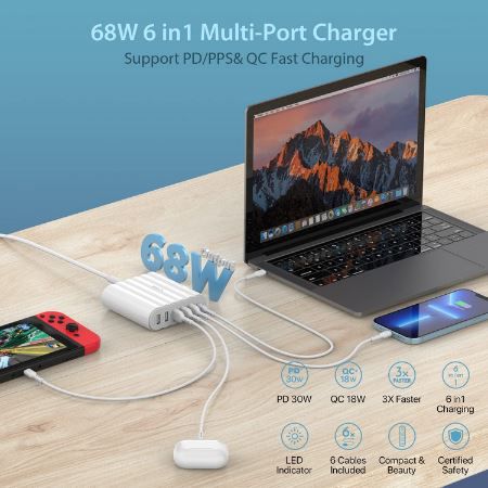 SooPii 6 Port USB C/A 68W Ladegerät + 6 Ladekabel für 21,59€ (statt 35€)