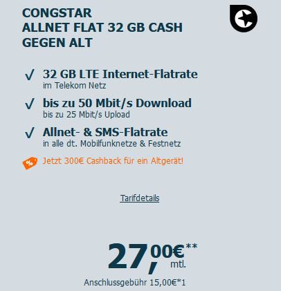 Telekom Allnet Flat mit 16GB für 22€ mtl. oder 32GB für 27€ mtl. + 300€ Cashback