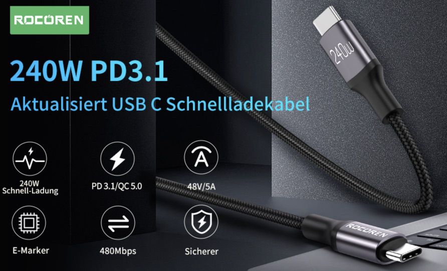 Rocoren 240W USB C auf USB C Ladekabel (2m/3m) ab 6,49€   Prime