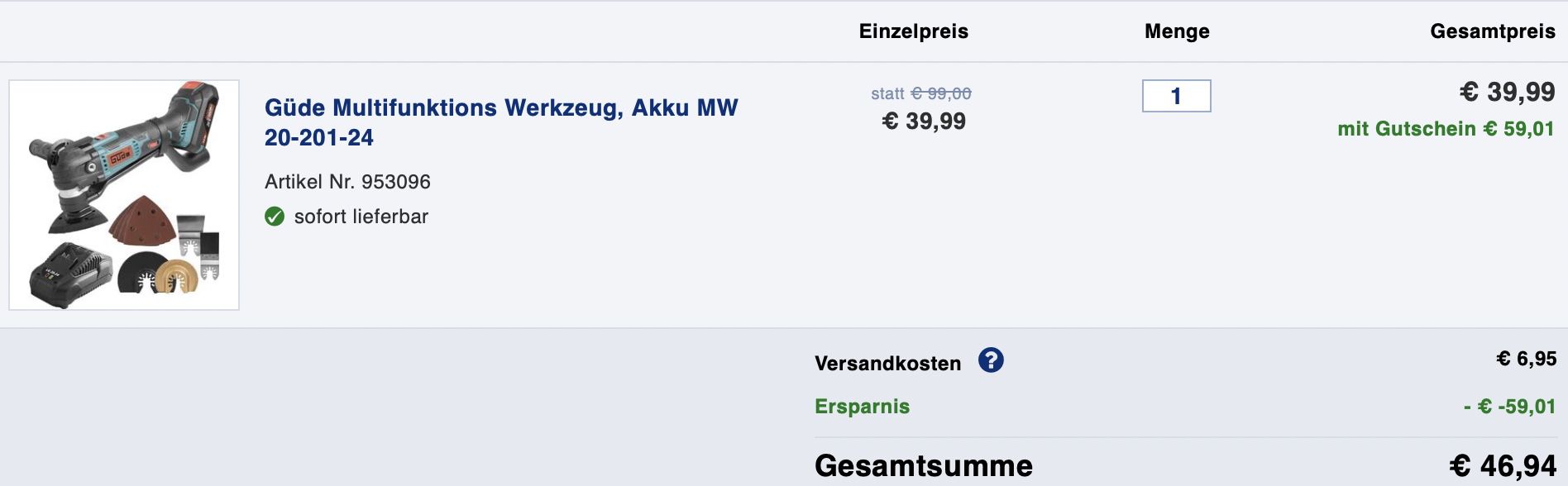 Güde MW 20 201 24   Akku Multifunktionswerkzeug mit 20V für 46,94€ (statt 65€)