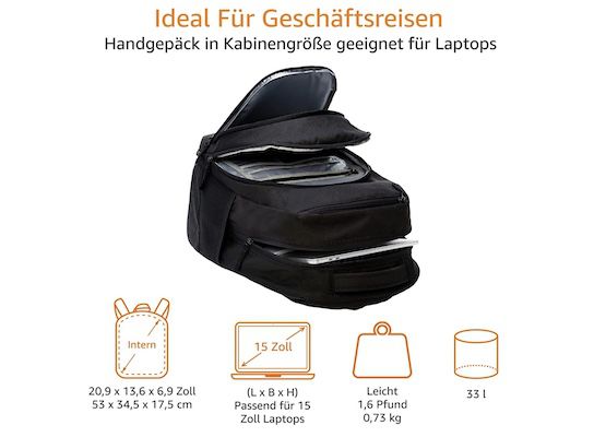 Amazon Basics   33L Rucksack in Schwarz für 22,49€ (statt 29€)   Prime