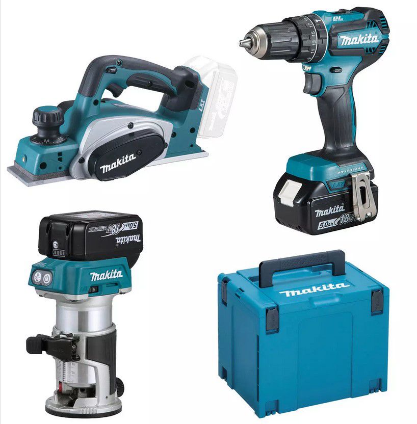 Makita DLX3116TJ1 Akku Spezialset Schlagbohrer, Hobel, Fräse für 354,94€ (statt 510€)