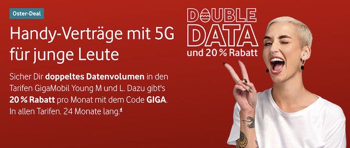 Junge Leute: Vodafone GigaMobil Young mit 60GB für 23,99€ mtl. oder mit 100GB für 30,39€ mtl.
