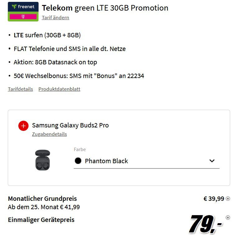 Samsung Galaxy S23 + Buds 2 Pro für 79€ + Telekom AllNet 38GB LTE für 39,99€ mtl.