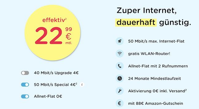 eazy Kabel Internet mit 50 Mbit/s für eff. 22,99€ mtl.